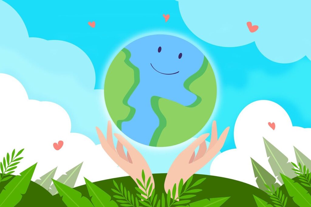 jak chronić środowisko - grafika z uśmiechniętą planetą, którą trzymają dłonie