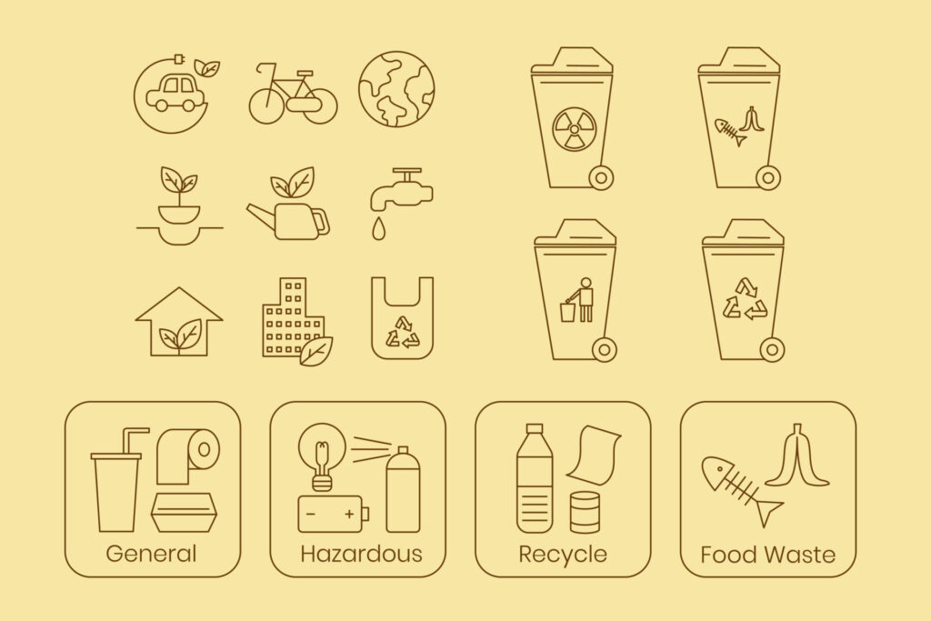 Ikonki oznaczające różne znaki recyklingowe, dotyczące odpadów wraz z podziałem na grupy: główne, różne, poddające się recyklingowi oraz odpadki po jedzeniu.