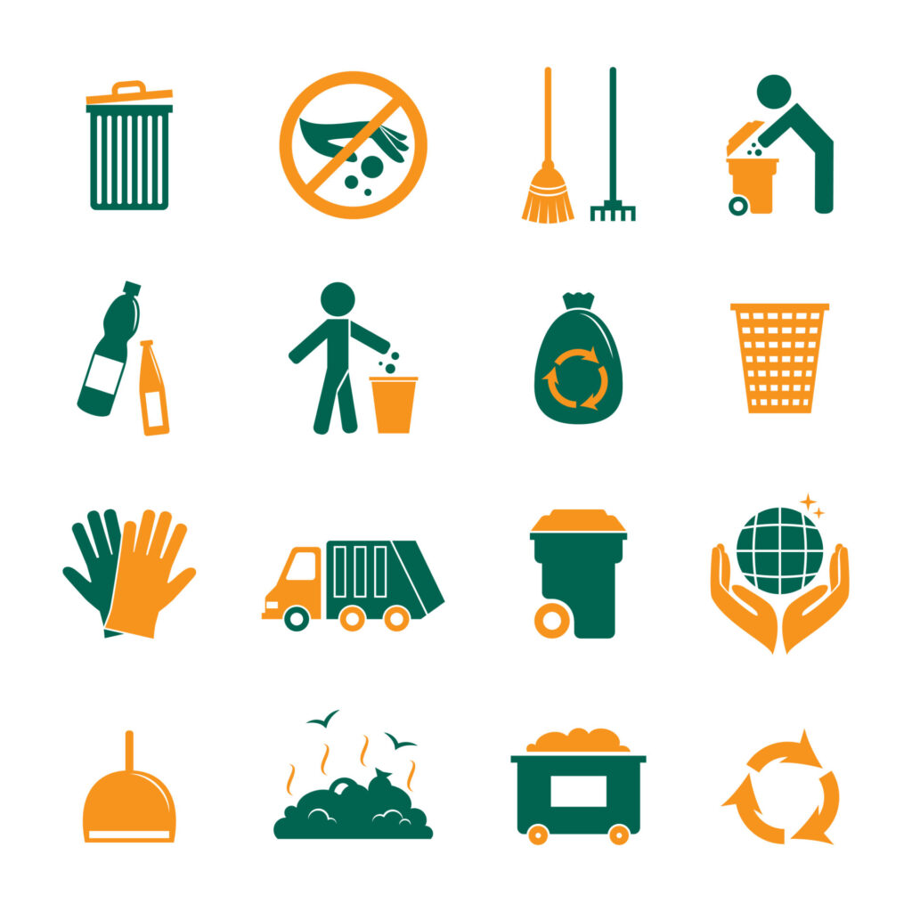 Obrazek przedstawia kreskówkowe ikony dotyczące recyklingu oraz rodzajów tworzyw sztucznych i odpadów. Wszystko w kolorach: granatowym, pomarańczowym oraz niebieskim.