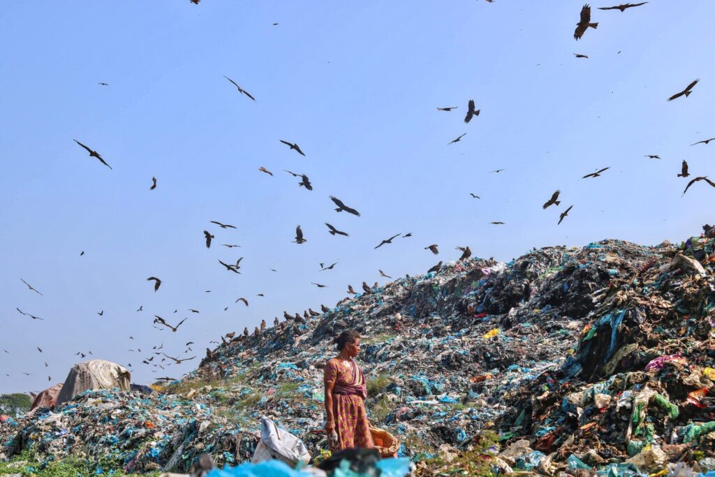 Obrazek przedstawia zdjęcie wysypiska odpadów, nad którym krążą ptaki. Po środku kadru stoi kobieta. Fotografia ma przedstawiać potrzebę przetwarzania odpadów.